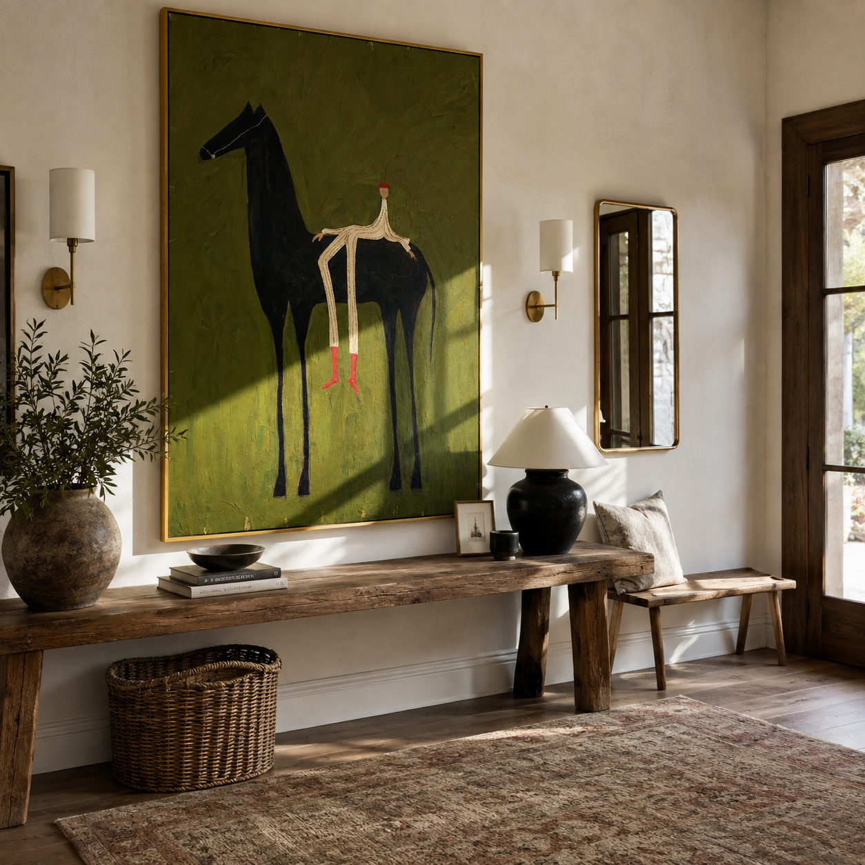 Long Legs Sit Olive – Red Boots on Black Horse painting by Isabelle Laurent, modern Western vertical wall art – styled room scene view 5
