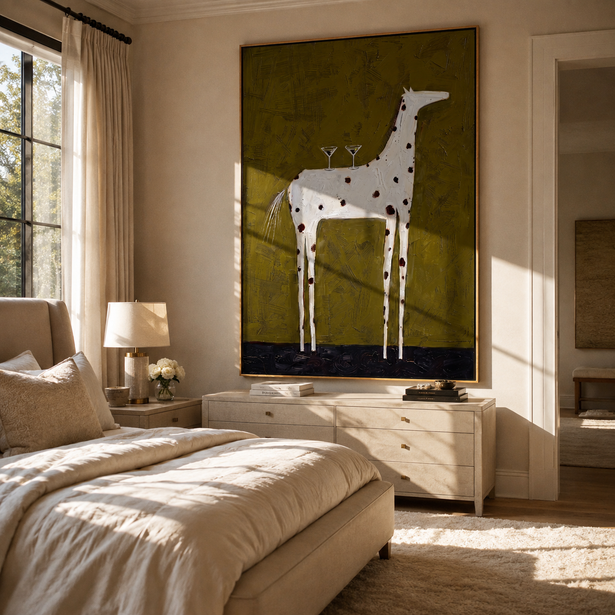 Three Glasses Balance High – Spotted White Horse with Glasses painting by Isabelle Laurent, modern Western vertical wall art – styled room scene view 1