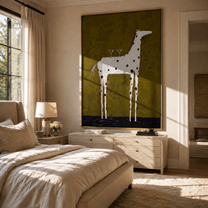 Three Glasses Balance High – Spotted White Horse with Glasses painting by Isabelle Laurent, modern Western vertical wall art – styled room scene view 1
