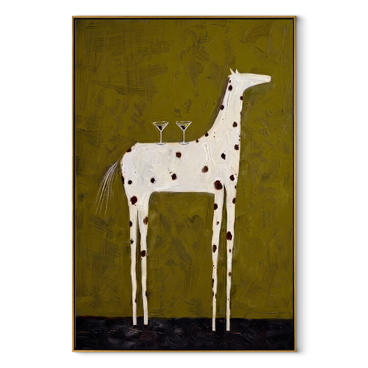 Three Glasses Balance High – Spotted White Horse with Glasses painting by Isabelle Laurent, modern Western vertical wall art – wood frame on white background
