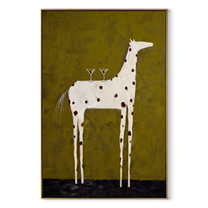 Three Glasses Balance High – Spotted White Horse with Glasses painting by Isabelle Laurent, modern Western vertical wall art – wood frame on white background