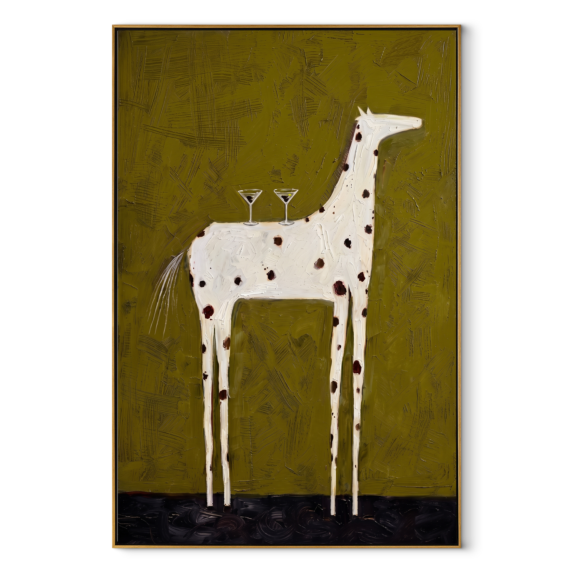 Three Glasses Balance High – Spotted White Horse with Glasses painting by Isabelle Laurent, modern Western vertical wall art – wood frame on white background