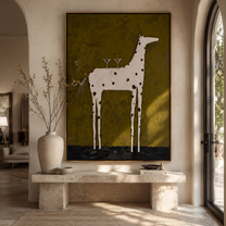 Three Glasses Balance High – Spotted White Horse with Glasses painting by Isabelle Laurent, modern Western vertical wall art – styled room scene view 2