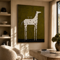Three Glasses Balance High – Spotted White Horse with Glasses painting by Isabelle Laurent, modern Western vertical wall art – styled room scene view 3
