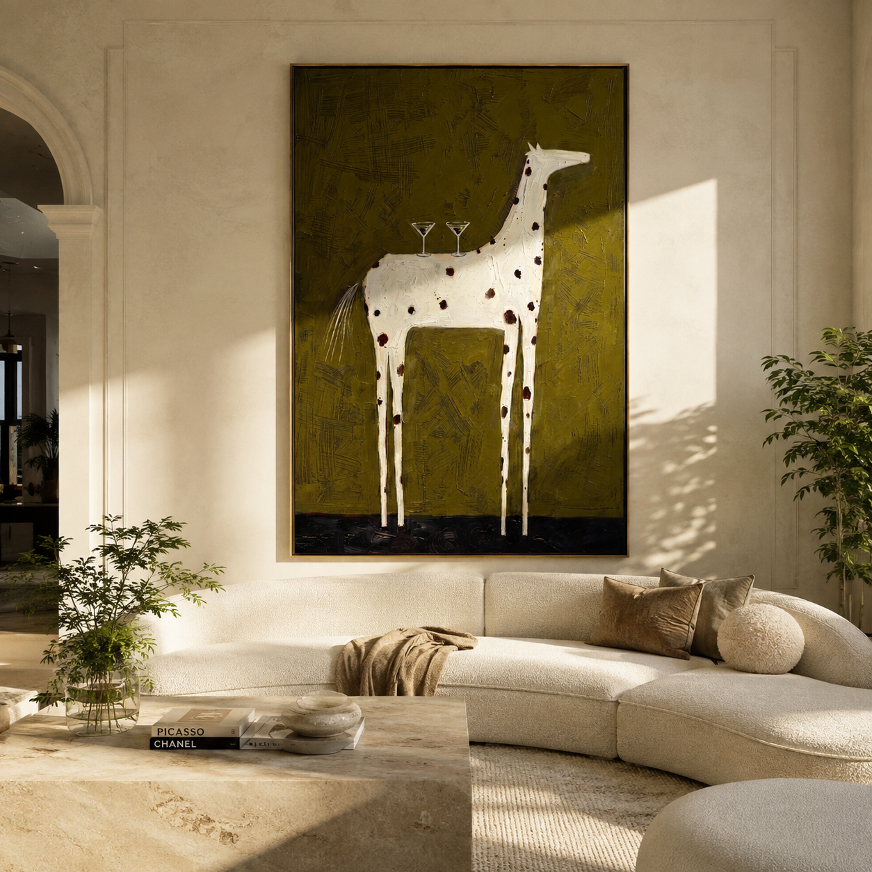 Three Glasses Balance High – Spotted White Horse with Glasses painting by Isabelle Laurent, modern Western vertical wall art – styled room scene view 4