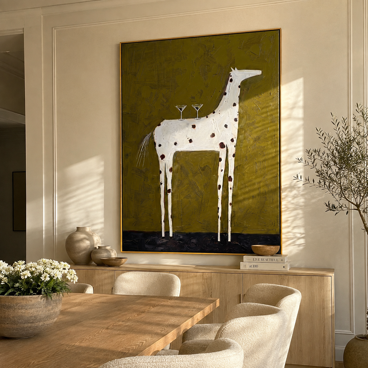 Three Glasses Balance High – Spotted White Horse with Glasses painting by Isabelle Laurent, modern Western vertical wall art – styled room scene view 5