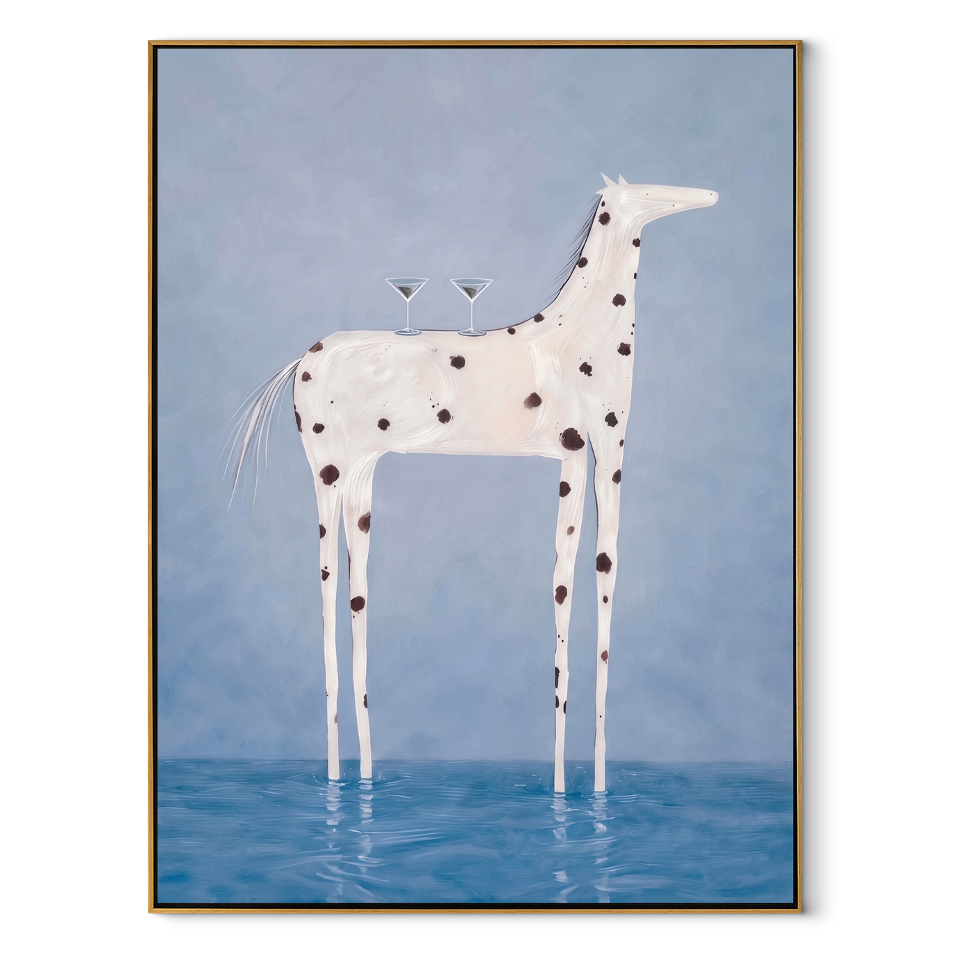Blue Water Bears Glass – White Spotted Horse in Water painting by Isabelle Laurent, modern Western vertical wall art – wood frame on white background