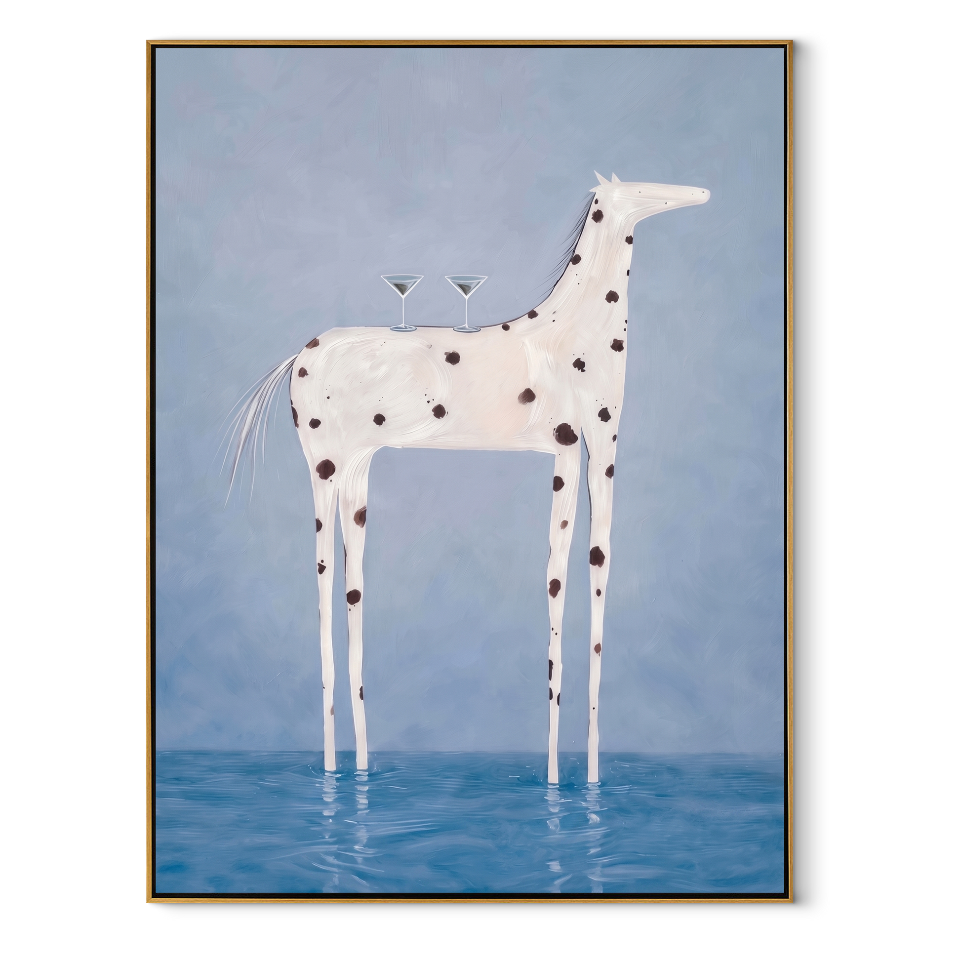 Blue Water Bears Glass – White Spotted Horse in Water painting by Isabelle Laurent, modern Western vertical wall art – wood frame on white background
