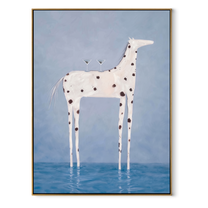 Blue Water Bears Glass – White Spotted Horse in Water painting by Isabelle Laurent, modern Western vertical wall art – wood frame on white background
