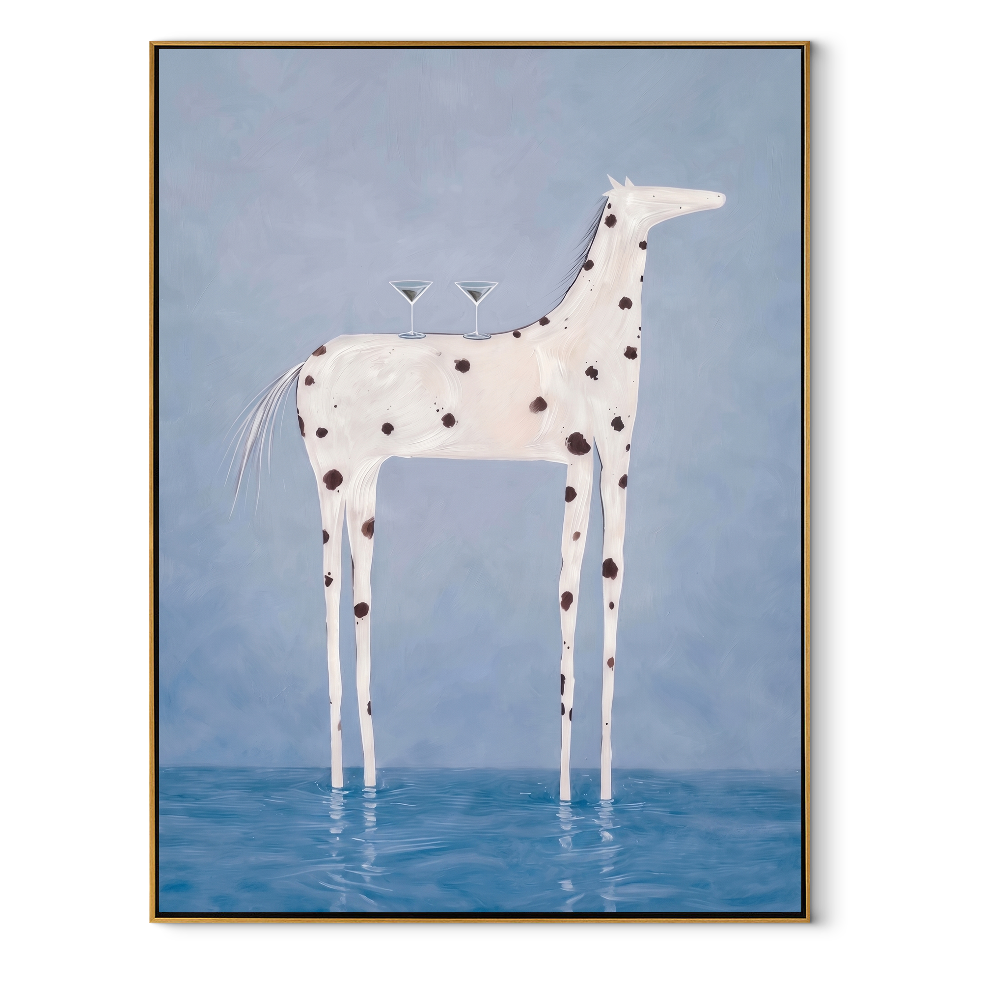 Blue Water Bears Glass – White Spotted Horse in Water painting by Isabelle Laurent, modern Western vertical wall art – wood frame on white background