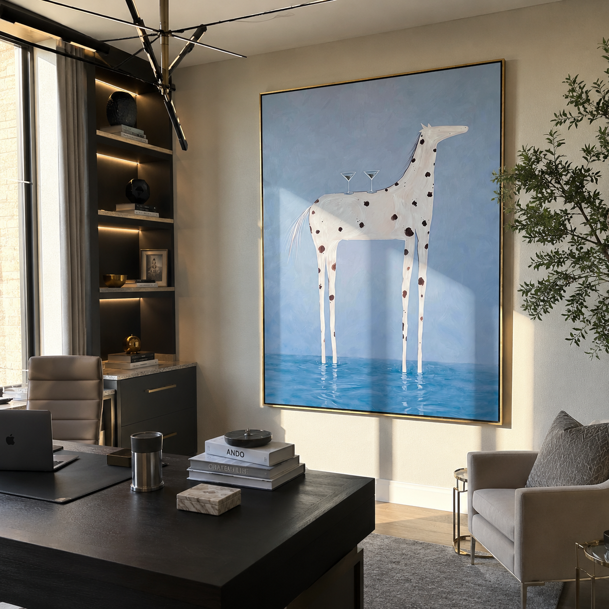 Blue Water Bears Glass – White Spotted Horse in Water painting by Isabelle Laurent, modern Western vertical wall art – styled room scene view 2