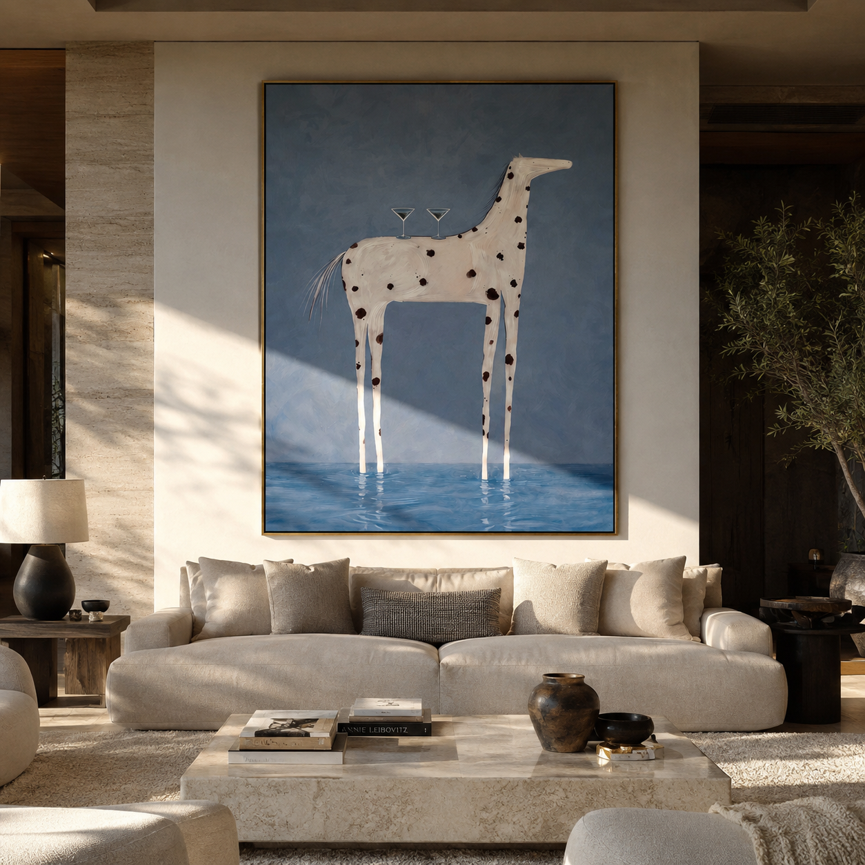 Blue Water Bears Glass – White Spotted Horse in Water painting by Isabelle Laurent, modern Western vertical wall art – styled room scene view 3