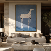 Blue Water Bears Glass – White Spotted Horse in Water painting by Isabelle Laurent, modern Western vertical wall art – styled room scene view 3