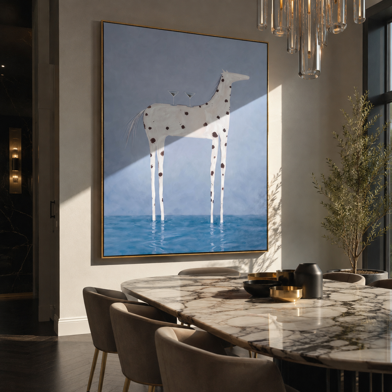 Blue Water Bears Glass – White Spotted Horse in Water painting by Isabelle Laurent, modern Western vertical wall art – styled room scene view 4