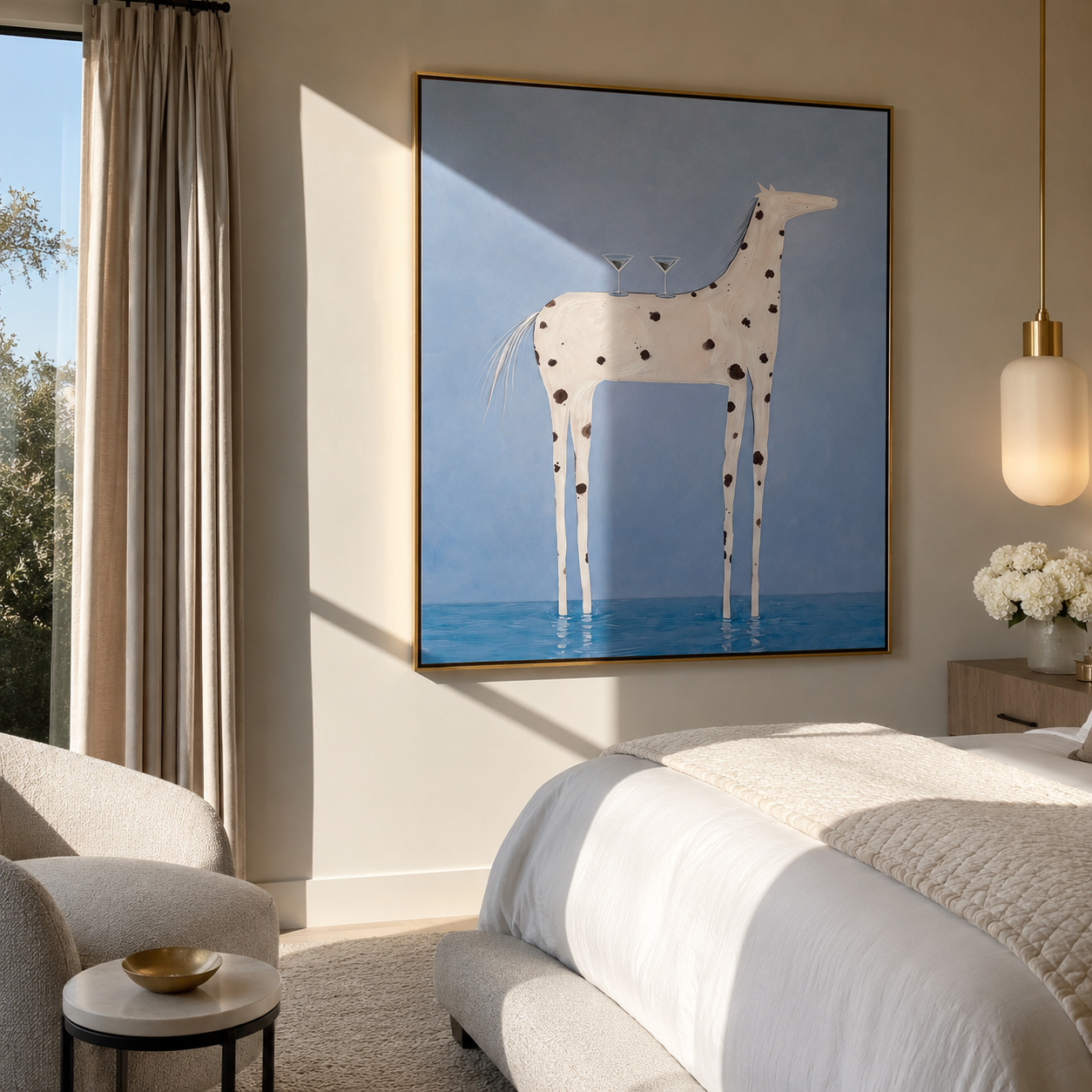 Blue Water Bears Glass – White Spotted Horse in Water painting by Isabelle Laurent, modern Western vertical wall art – styled room scene view 5