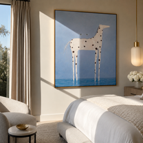 Blue Water Bears Glass – White Spotted Horse in Water painting by Isabelle Laurent, modern Western vertical wall art – styled room scene view 5