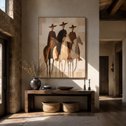 Three Hats Ride Pale – Three Riders on Pale Horses painting by Isabelle Laurent, modern Western vertical wall art – styled room scene view 1