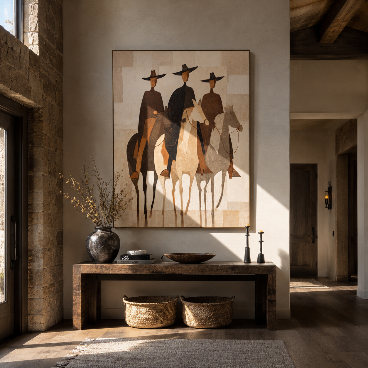 Three Hats Ride Pale – Three Riders on Pale Horses painting by Isabelle Laurent, modern Western vertical wall art – styled room scene view 1