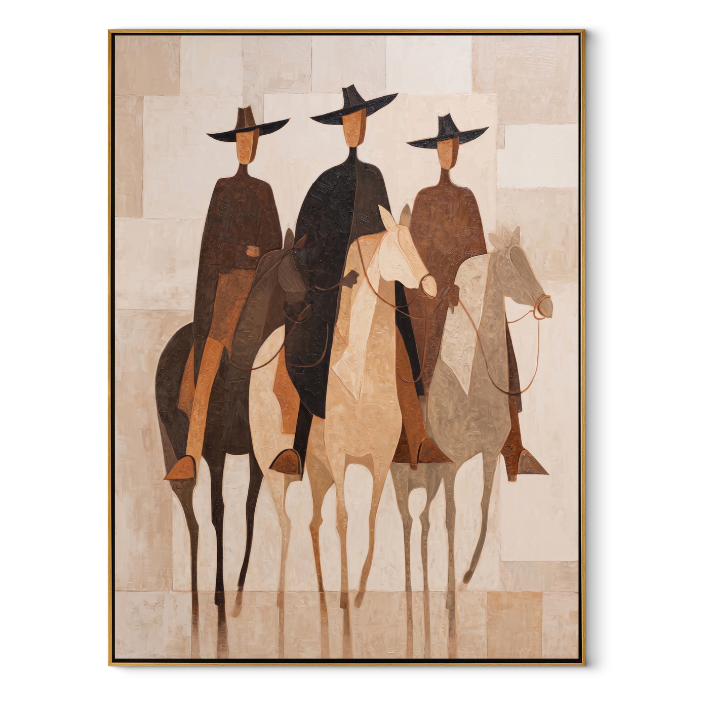 Three Hats Ride Pale – Three Riders on Pale Horses painting by Isabelle Laurent, modern Western vertical wall art – wood frame on white background