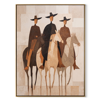 Three Hats Ride Pale – Three Riders on Pale Horses painting by Isabelle Laurent, modern Western vertical wall art – wood frame on white background