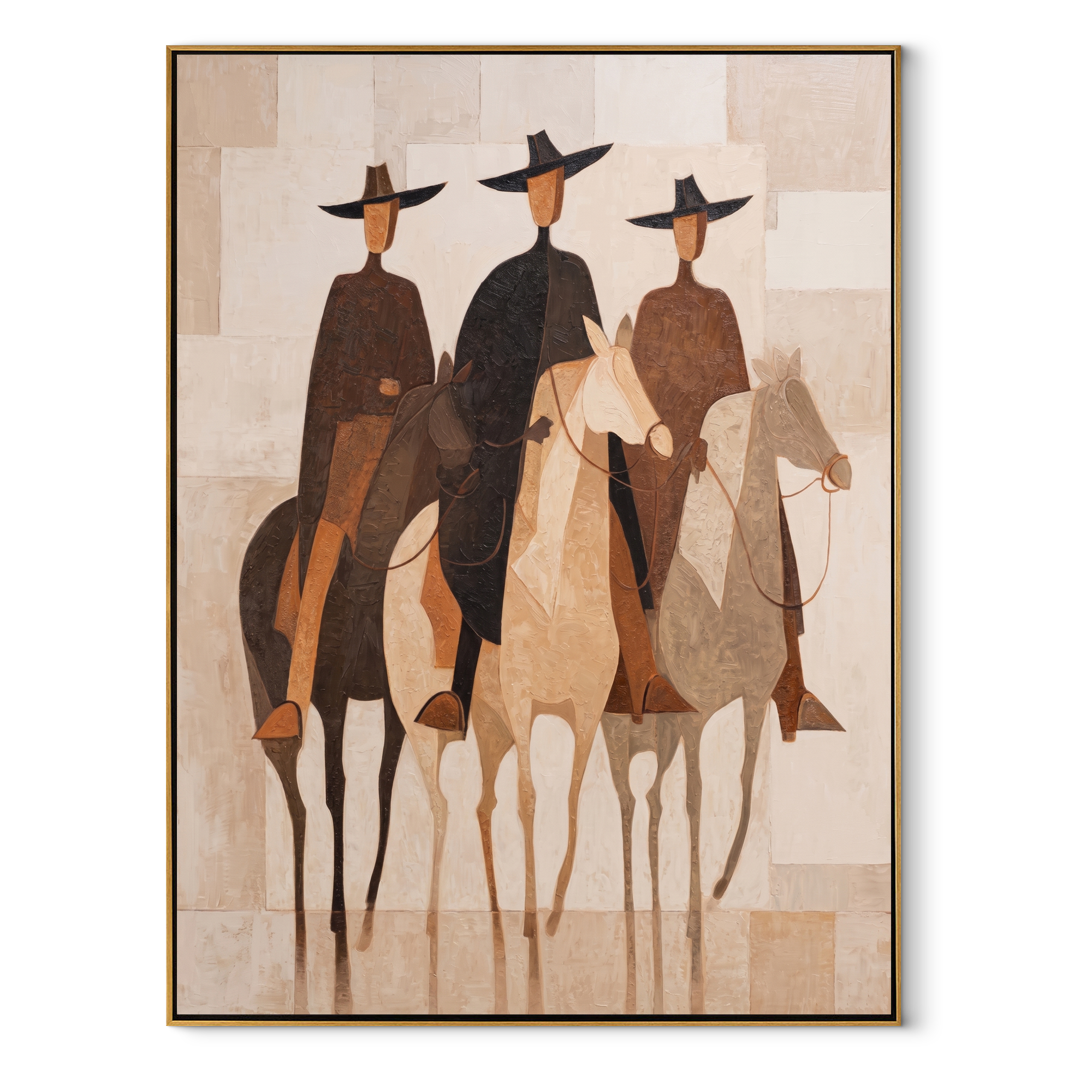 Three Hats Ride Pale – Three Riders on Pale Horses painting by Isabelle Laurent, modern Western vertical wall art – wood frame on white background