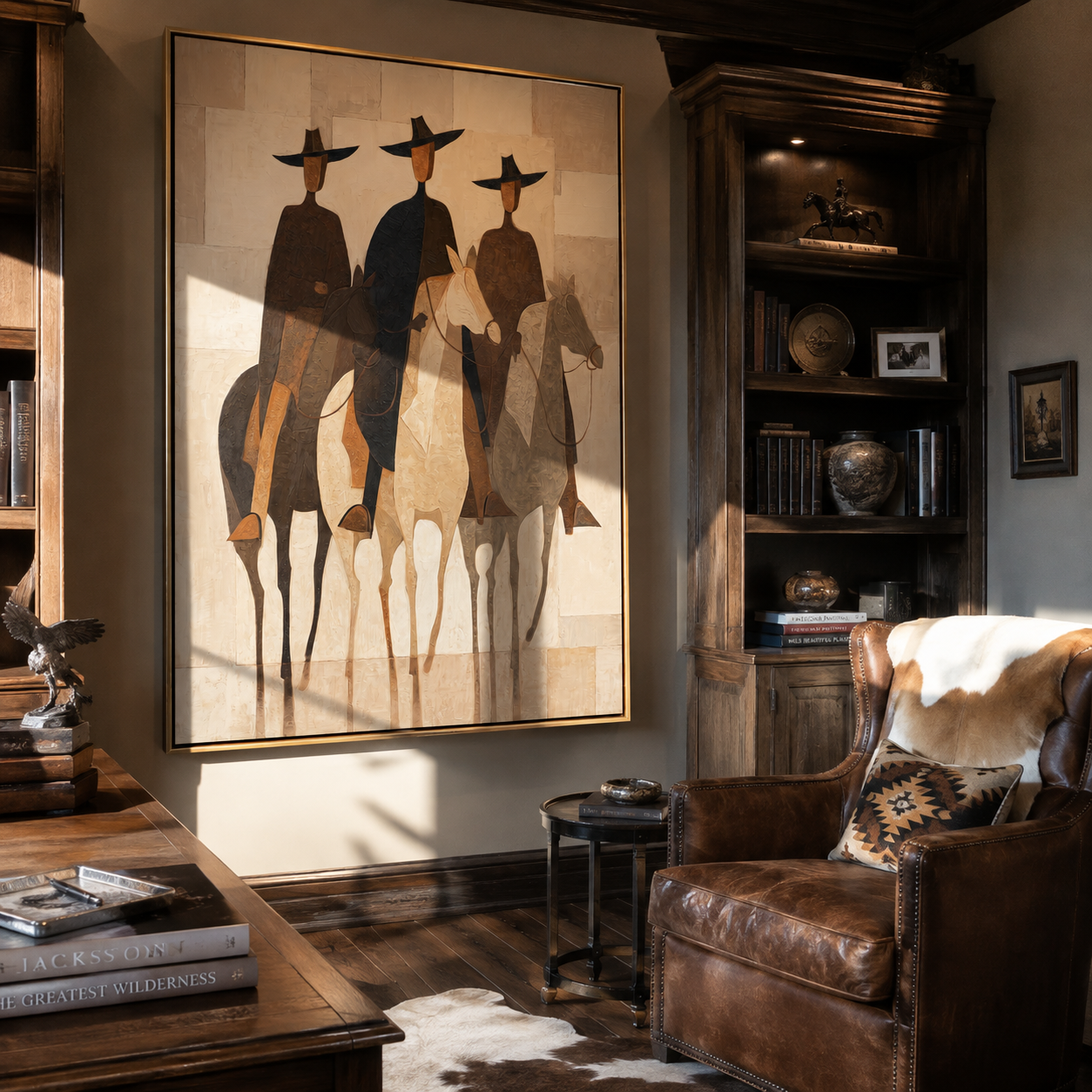 Three Hats Ride Pale – Three Riders on Pale Horses painting by Isabelle Laurent, modern Western vertical wall art – styled room scene view 2