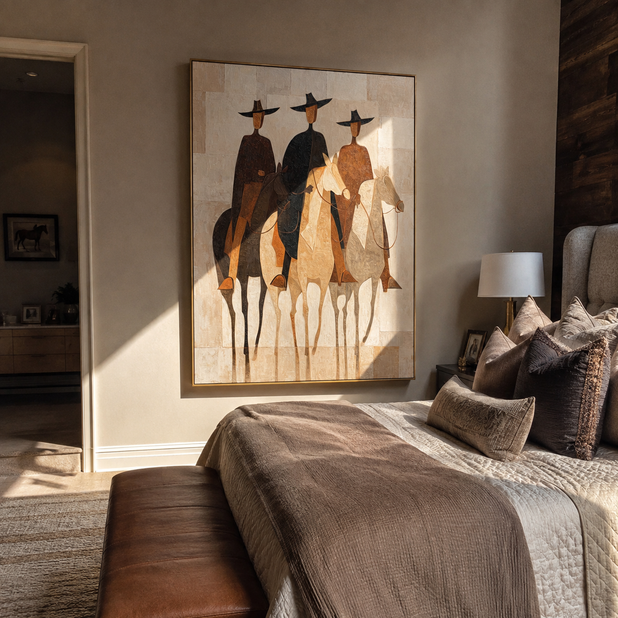 Three Hats Ride Pale – Three Riders on Pale Horses painting by Isabelle Laurent, modern Western vertical wall art – styled room scene view 3
