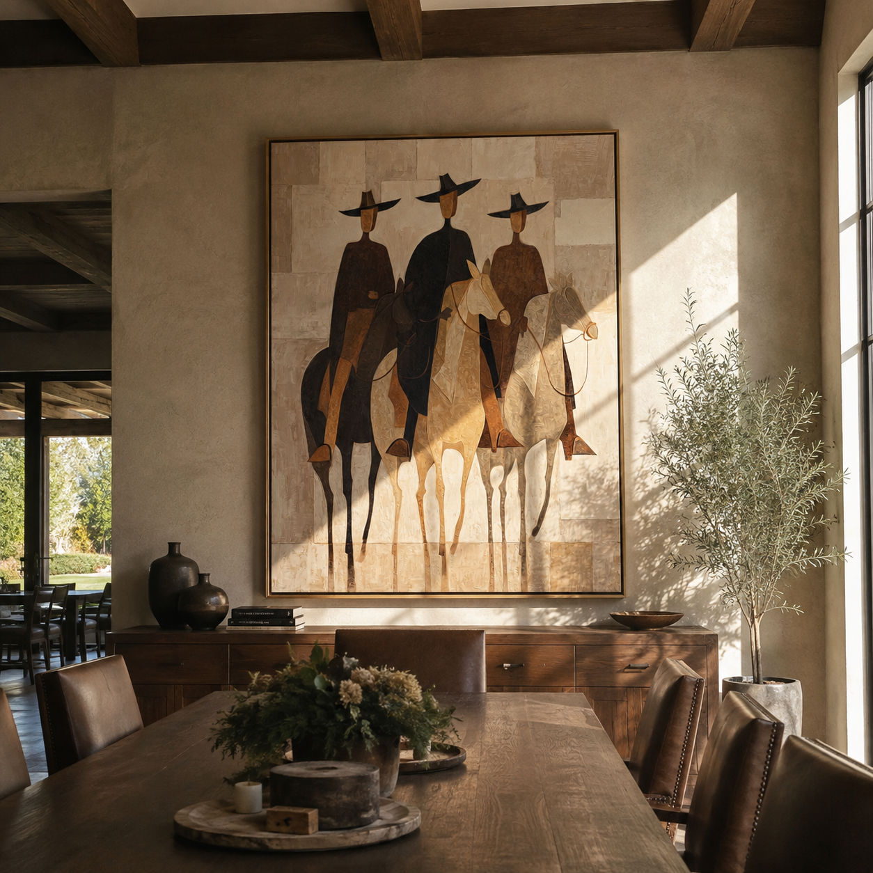 Three Hats Ride Pale – Three Riders on Pale Horses painting by Isabelle Laurent, modern Western vertical wall art – styled room scene view 4