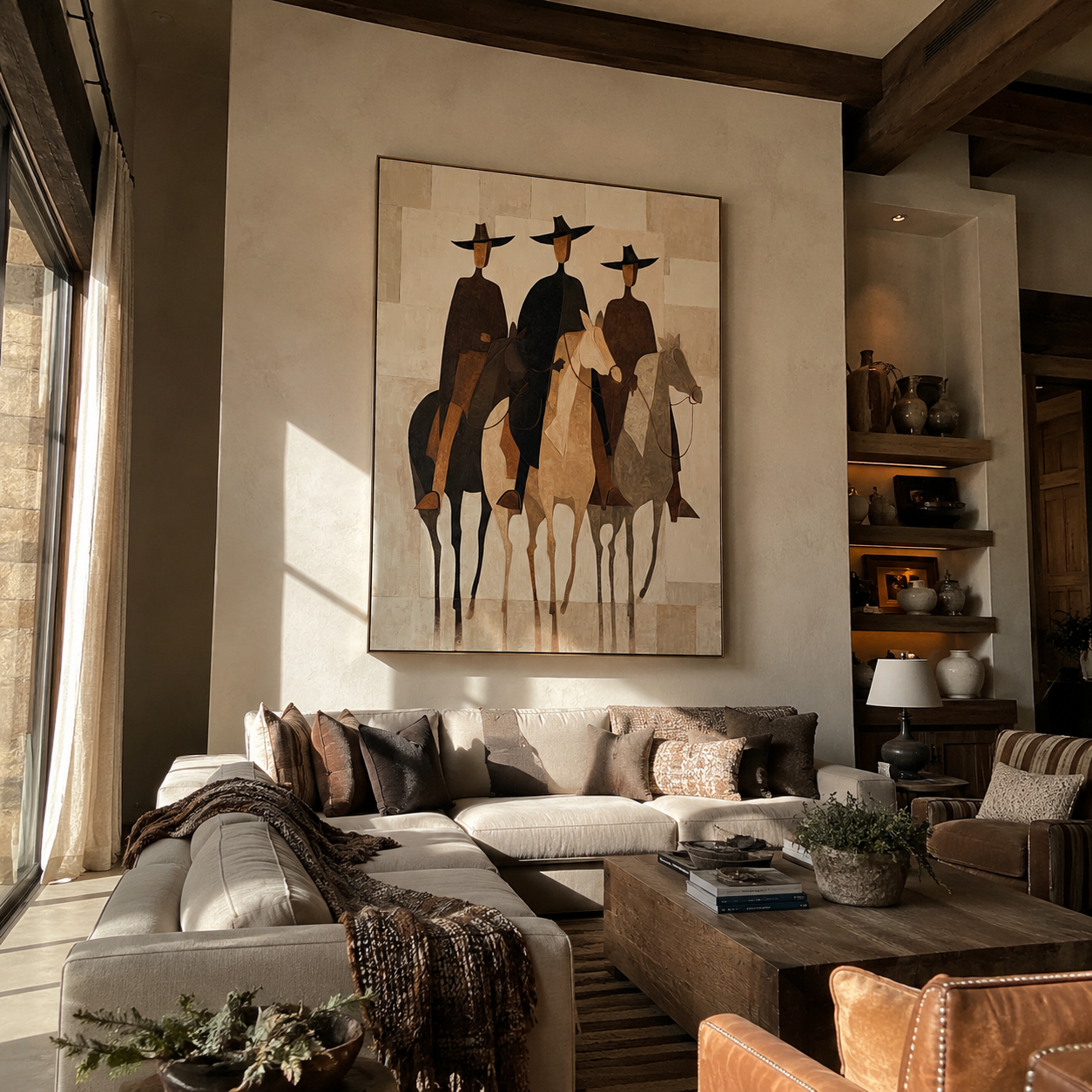 Three Hats Ride Pale – Three Riders on Pale Horses painting by Isabelle Laurent, modern Western vertical wall art – styled room scene view 5