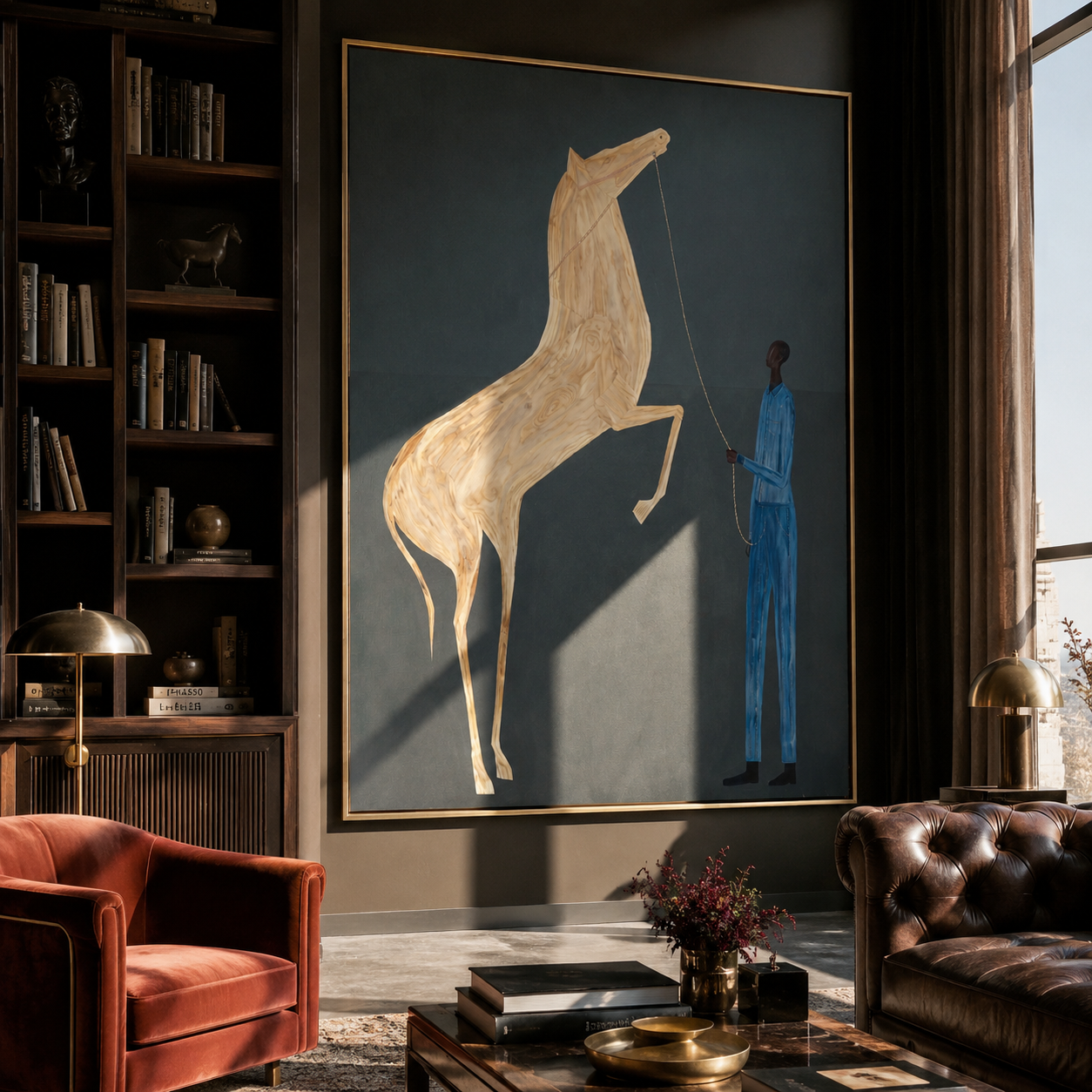White Horse Rises – Rearing White Horse and Handler painting by Isabelle Laurent, modern Western vertical wall art – styled room scene view 1