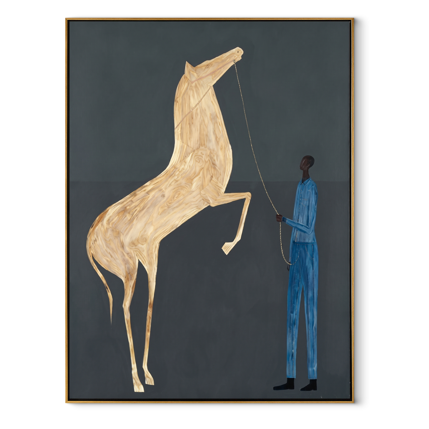 White Horse Rises – Rearing White Horse and Handler painting by Isabelle Laurent, modern Western vertical wall art – wood frame on white background