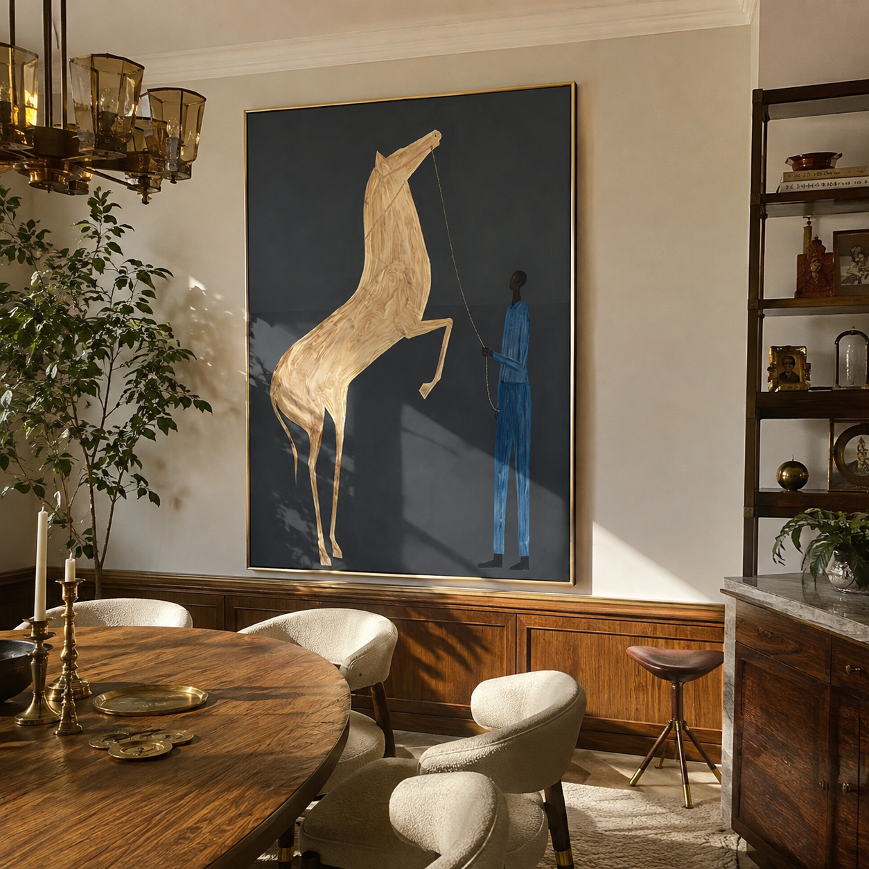White Horse Rises – Rearing White Horse and Handler painting by Isabelle Laurent, modern Western vertical wall art – styled room scene view 2