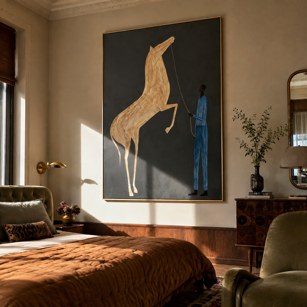 White Horse Rises – Rearing White Horse and Handler painting by Isabelle Laurent, modern Western vertical wall art – styled room scene view 3