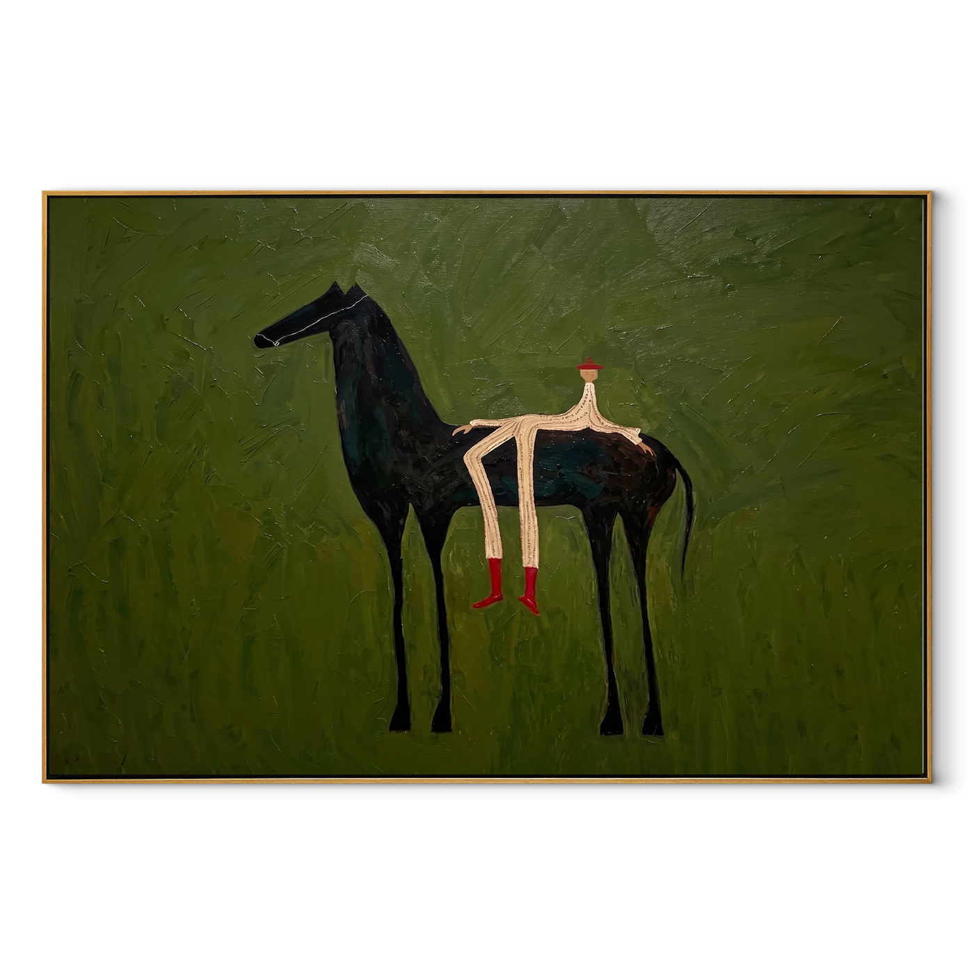 Olive Field Stretches Wide – Black Horse and Red Boots painting by Isabelle Laurent, modern Western horizontal wall art – wood frame on white background