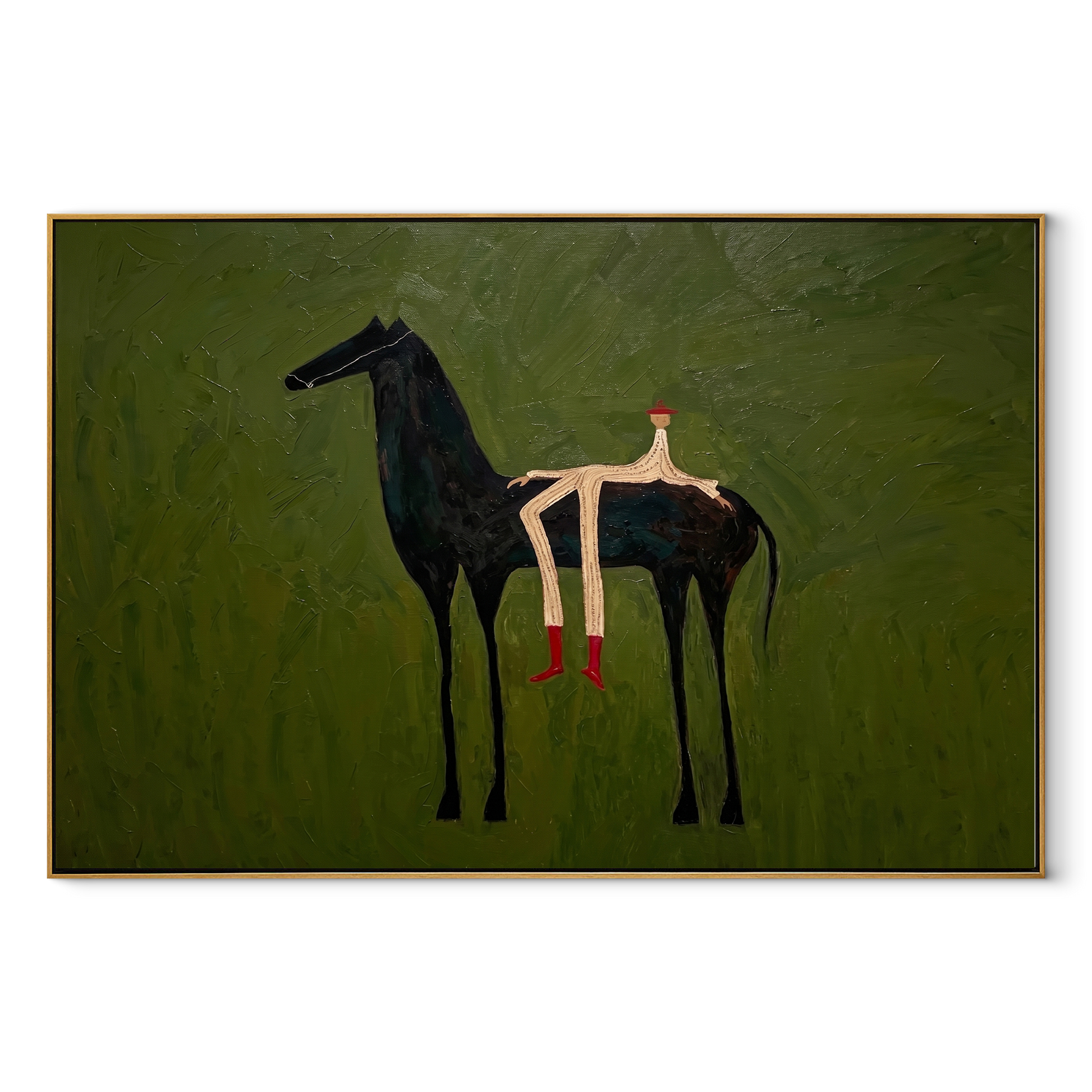 Olive Field Stretches Wide – Black Horse and Red Boots painting by Isabelle Laurent, modern Western horizontal wall art – wood frame on white background