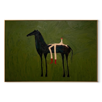 Olive Field Stretches Wide – Black Horse and Red Boots painting by Isabelle Laurent, modern Western horizontal wall art – wood frame on white background