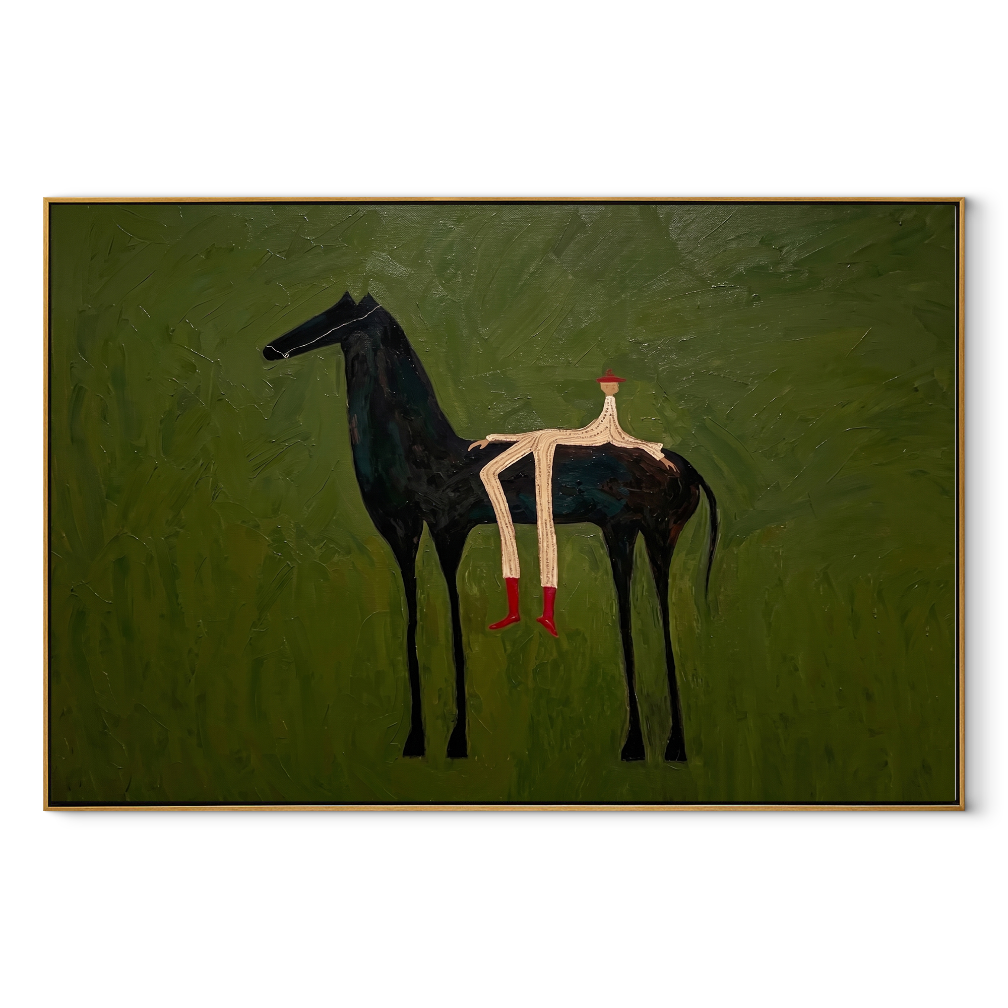 Olive Field Stretches Wide – Black Horse and Red Boots painting by Isabelle Laurent, modern Western horizontal wall art – wood frame on white background