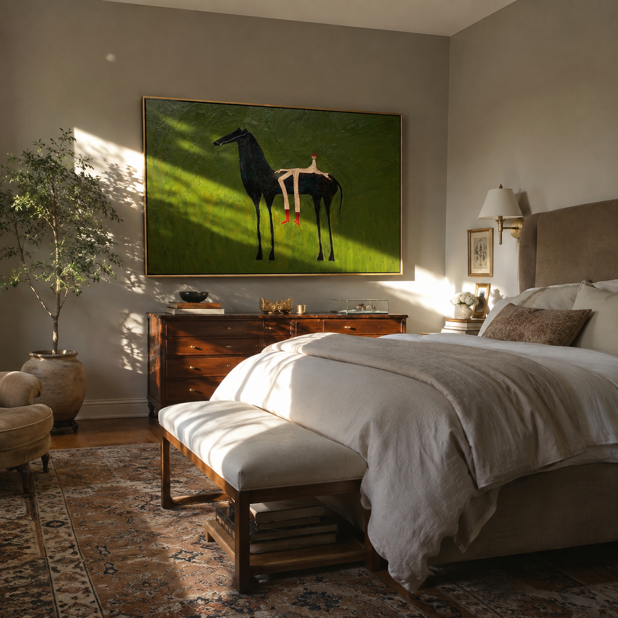 Olive Field Stretches Wide – Black Horse and Red Boots painting by Isabelle Laurent, modern Western horizontal wall art – styled room scene view 3