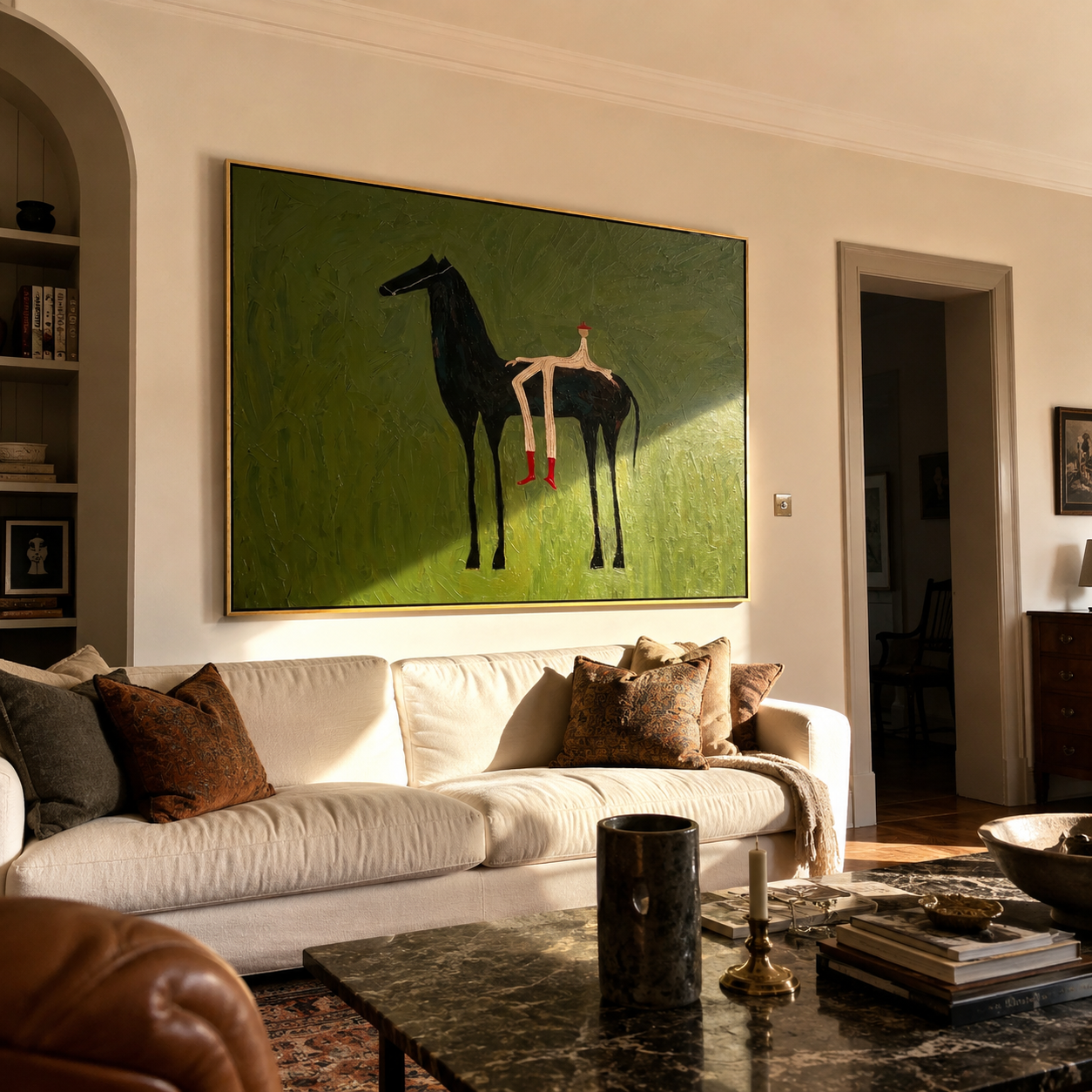 Olive Field Stretches Wide – Black Horse and Red Boots painting by Isabelle Laurent, modern Western horizontal wall art – styled room scene view 5