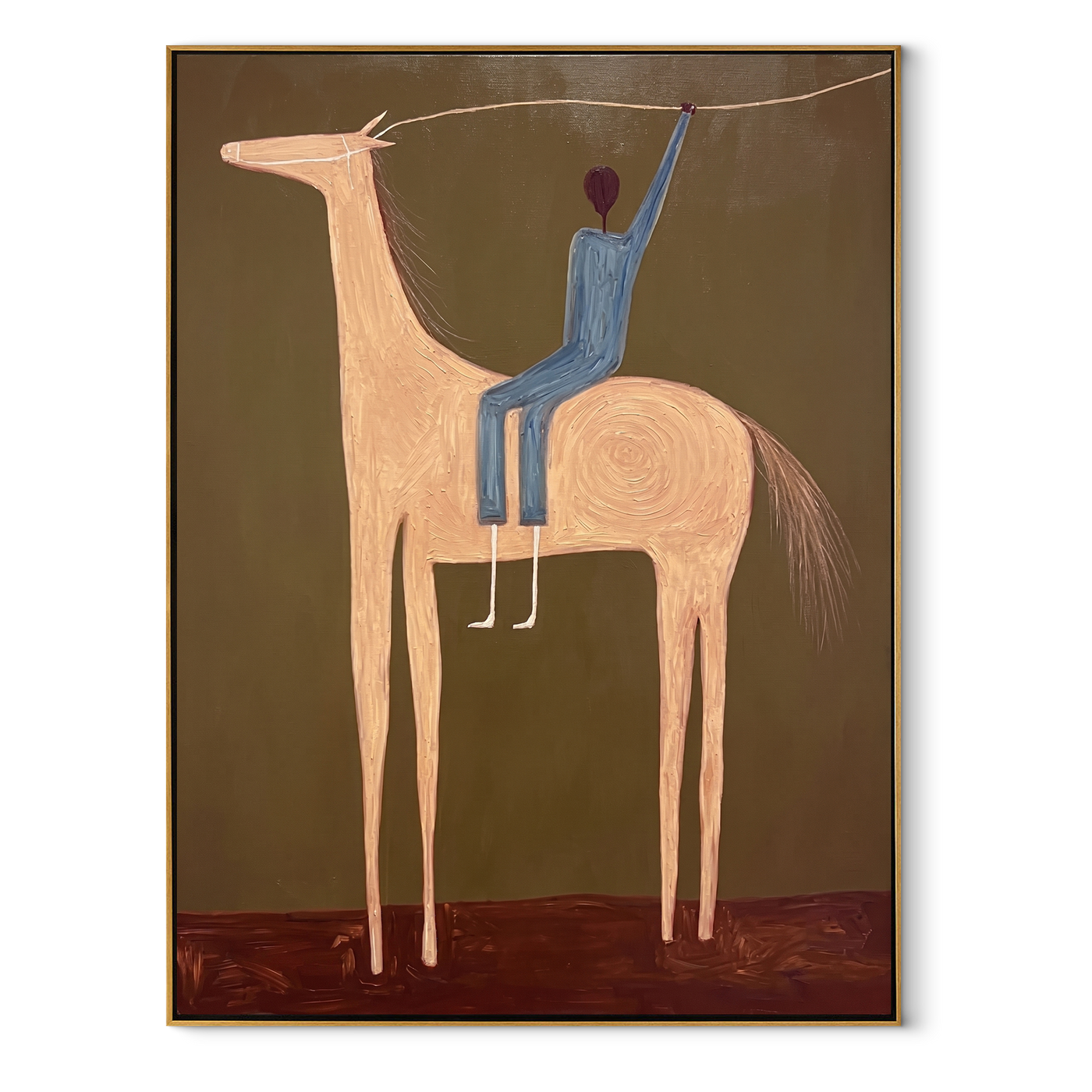 Raised Hand Greets Dusk – Blue Rider on Peach Horse painting by Isabelle Laurent, modern Western vertical wall art – wood frame on white background