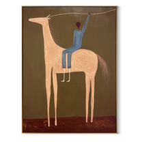 Raised Hand Greets Dusk – Blue Rider on Peach Horse painting by Isabelle Laurent, modern Western vertical wall art – wood frame on white background