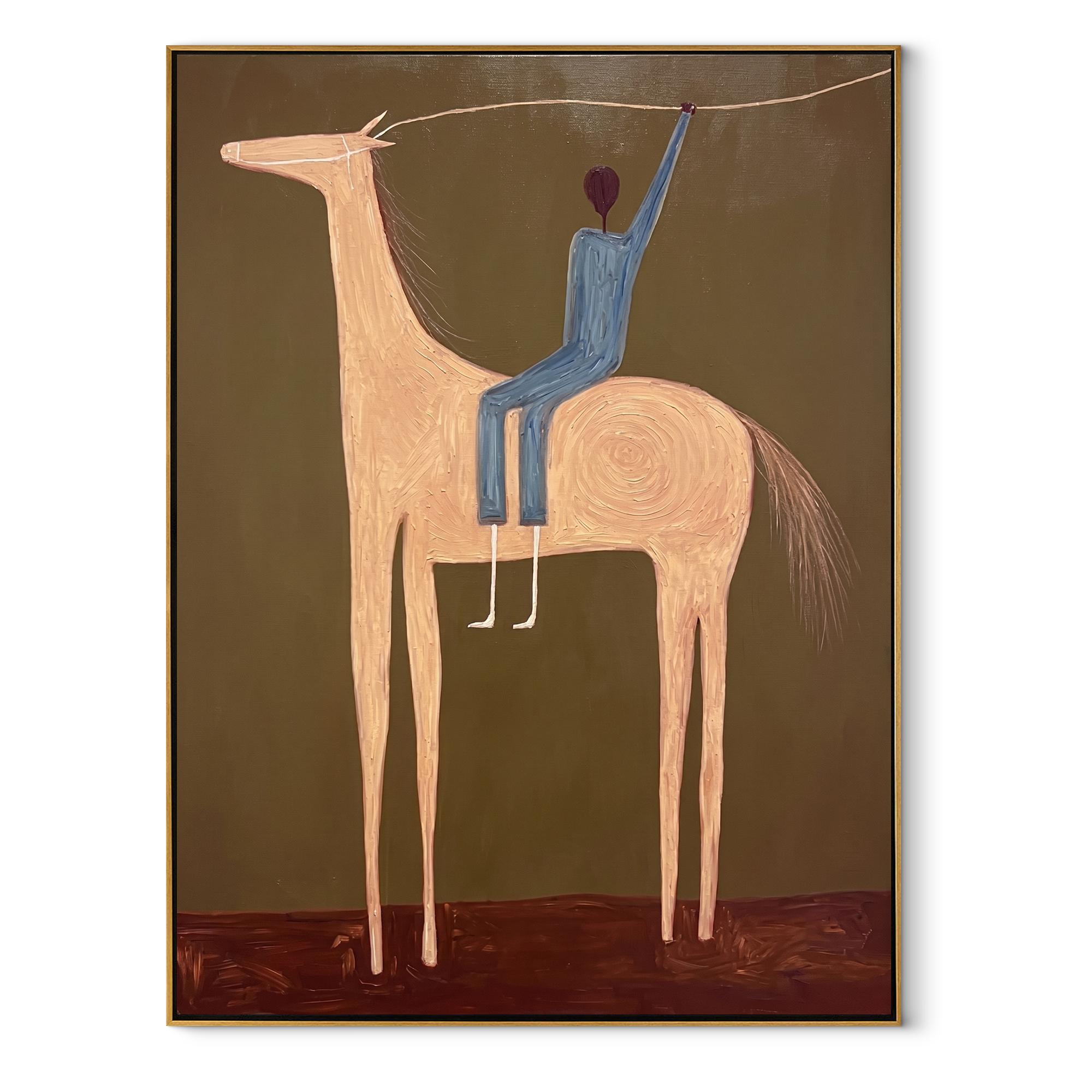 Raised Hand Greets Dusk – Blue Rider on Peach Horse painting by Isabelle Laurent, modern Western vertical wall art – wood frame on white background