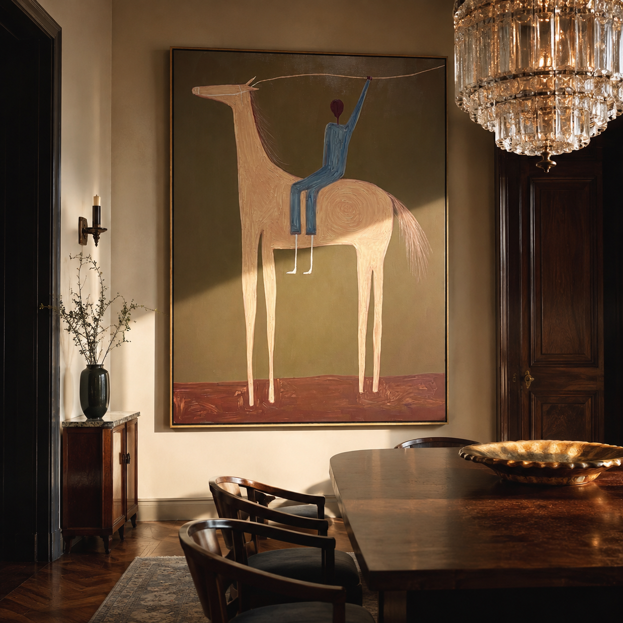 Raised Hand Greets Dusk – Blue Rider on Peach Horse painting by Isabelle Laurent, modern Western vertical wall art – styled room scene view 2
