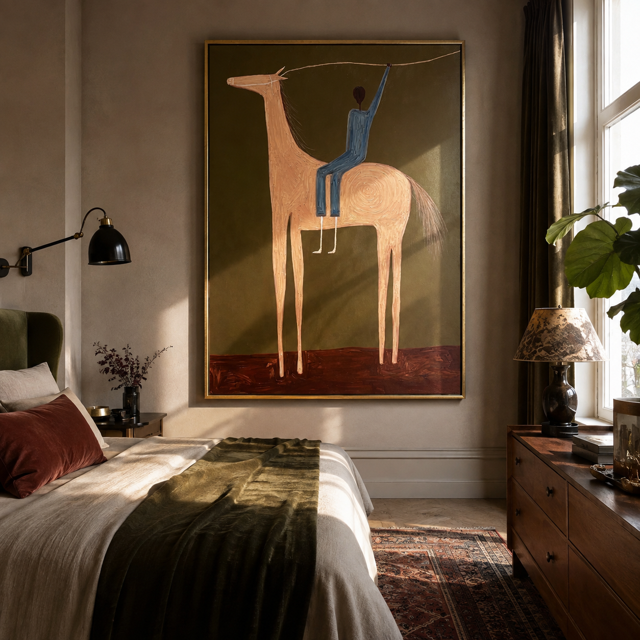 Raised Hand Greets Dusk – Blue Rider on Peach Horse painting by Isabelle Laurent, modern Western vertical wall art – styled room scene view 3