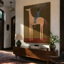 Raised Hand Greets Dusk – Blue Rider on Peach Horse painting by Isabelle Laurent, modern Western vertical wall art – styled room scene view 4