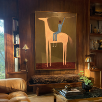 Raised Hand Greets Dusk – Blue Rider on Peach Horse painting by Isabelle Laurent, modern Western vertical wall art – styled room scene view 5