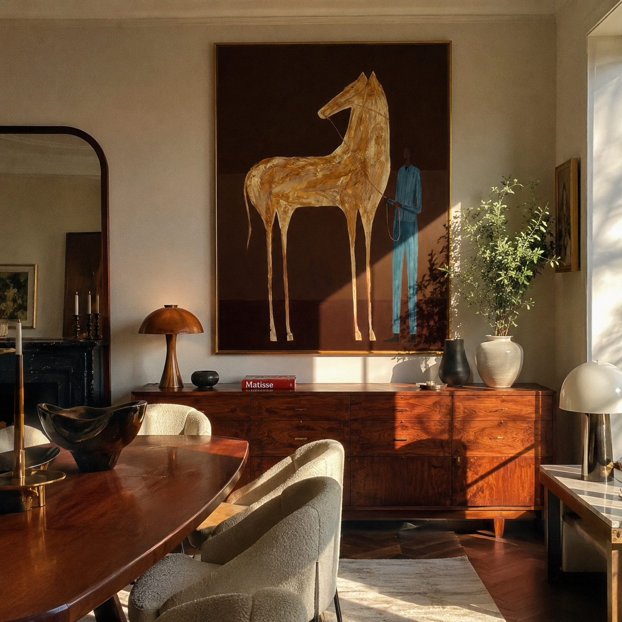 Gold Horse Waits – Golden Horse and Blue Figure painting by Isabelle Laurent, modern Western vertical wall art – styled room scene view 1