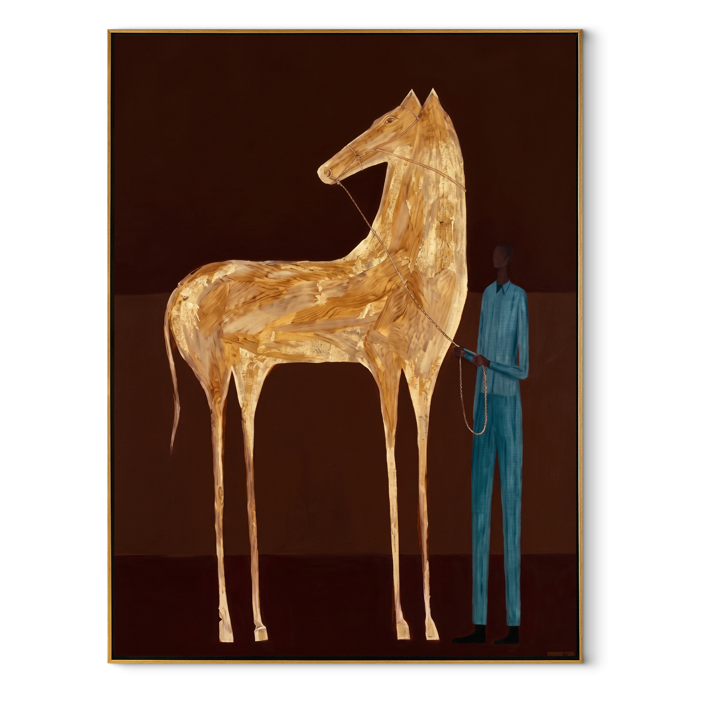 Gold Horse Waits – Golden Horse and Blue Figure painting by Isabelle Laurent, modern Western vertical wall art – wood frame on white background
