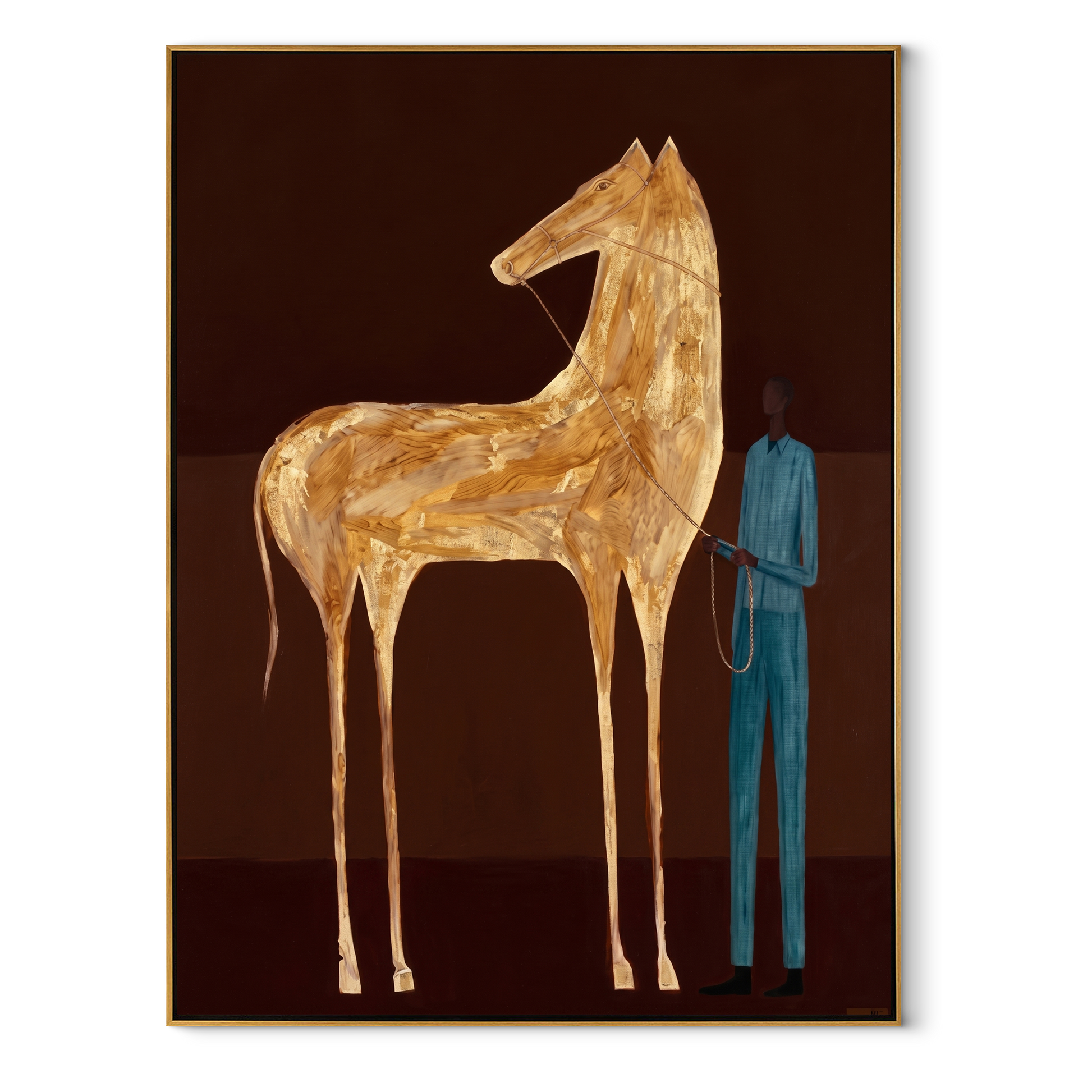 Gold Horse Waits – Golden Horse and Blue Figure painting by Isabelle Laurent, modern Western vertical wall art – wood frame on white background