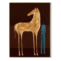 Gold Horse Waits – Golden Horse and Blue Figure painting by Isabelle Laurent, modern Western vertical wall art – wood frame on white background